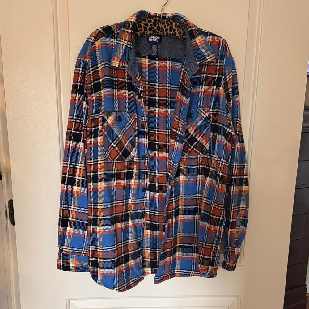 Lands' End Blue & Brown Plaid Flannel Shacket